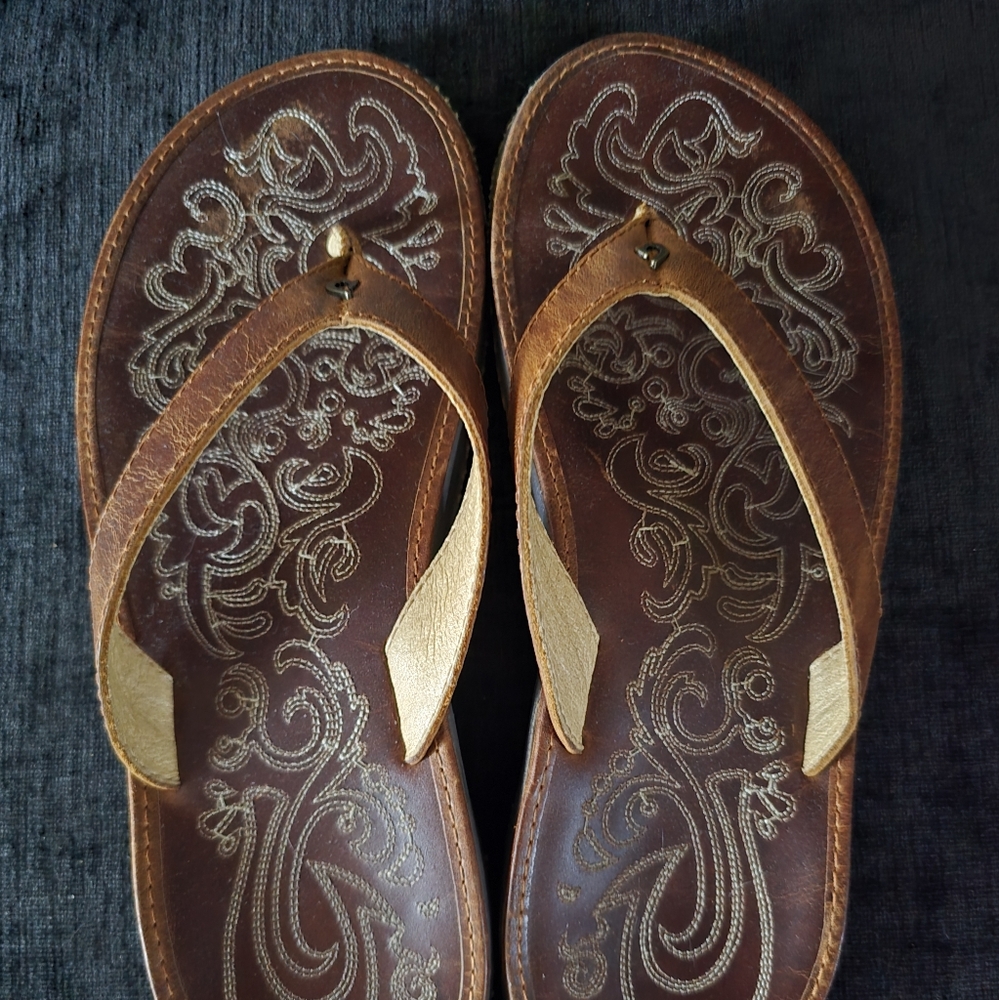 OluKai  Paniolo Brown and Tan Flip Flop Sandals